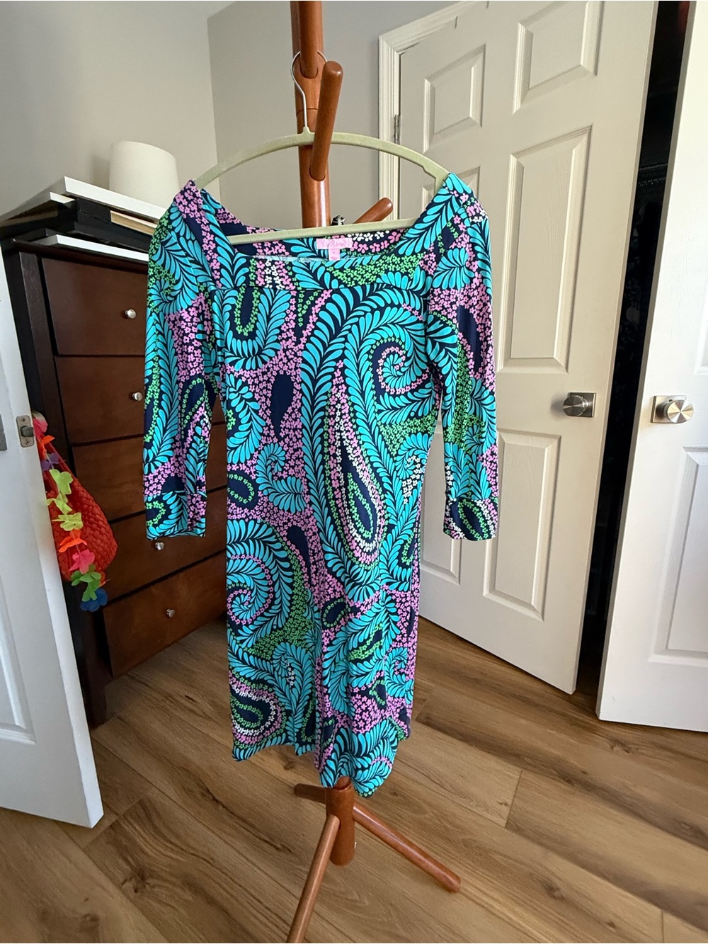 Lilly Pulitzer Turquoise, Purple & Navy Paisley Boatneck Dress